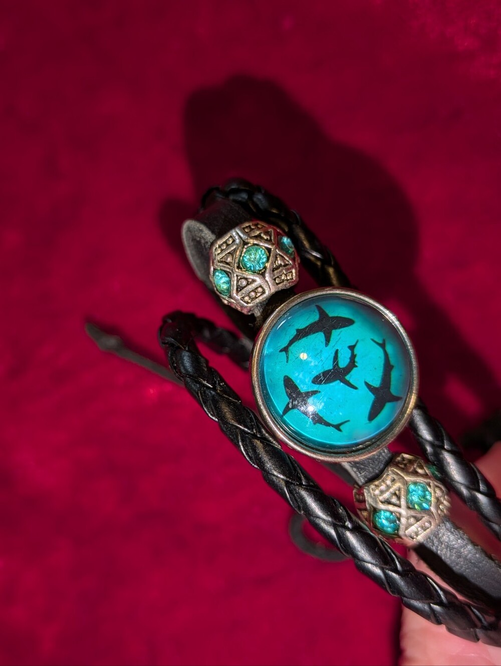 Black Braided Leather Bracelet Watch-Style Accent with Teal Crystal Beads